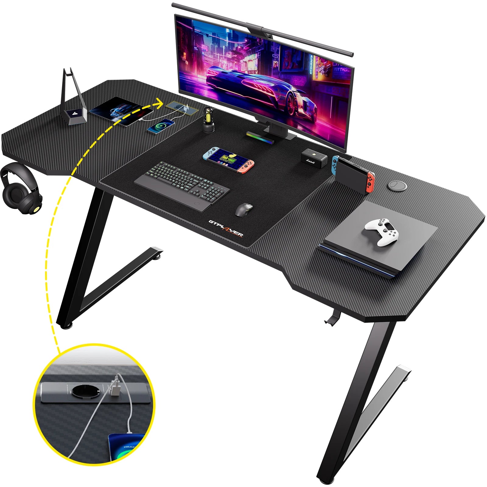Escritorio gaming 120×60 cm con superficie tipo fibra de carbono, iluminación LED y enchufe integrado – estructura metálica en forma de Z color negro