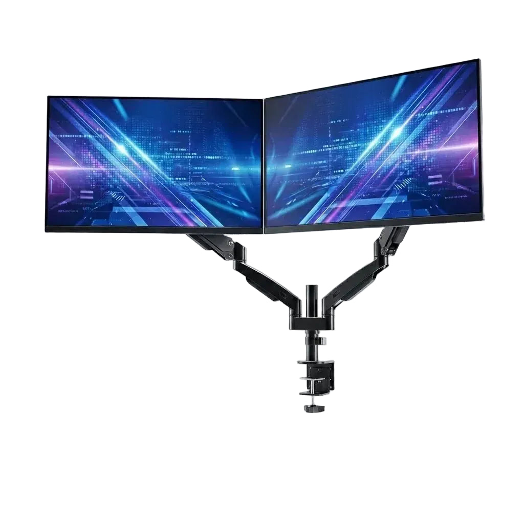 Soporte doble para monitor de 15” a 33” con brazo articulado, rotación 360° y giro lateral 180° – compatibilidad VESA 75/100, capacidad 8 kg por brazo