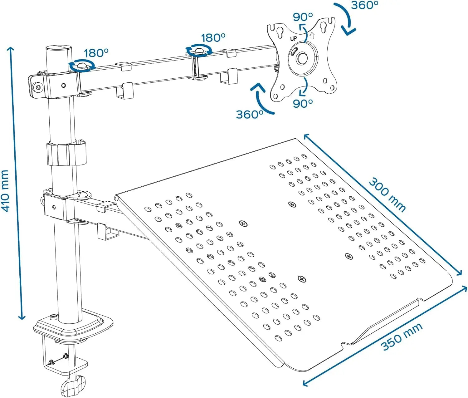 Soporte de escritorio universal para monitor 13”–32” con soporte para portátil 15.6”, brazo articulado y rotación 360° – VESA 75/100 mm, carga 10 kg