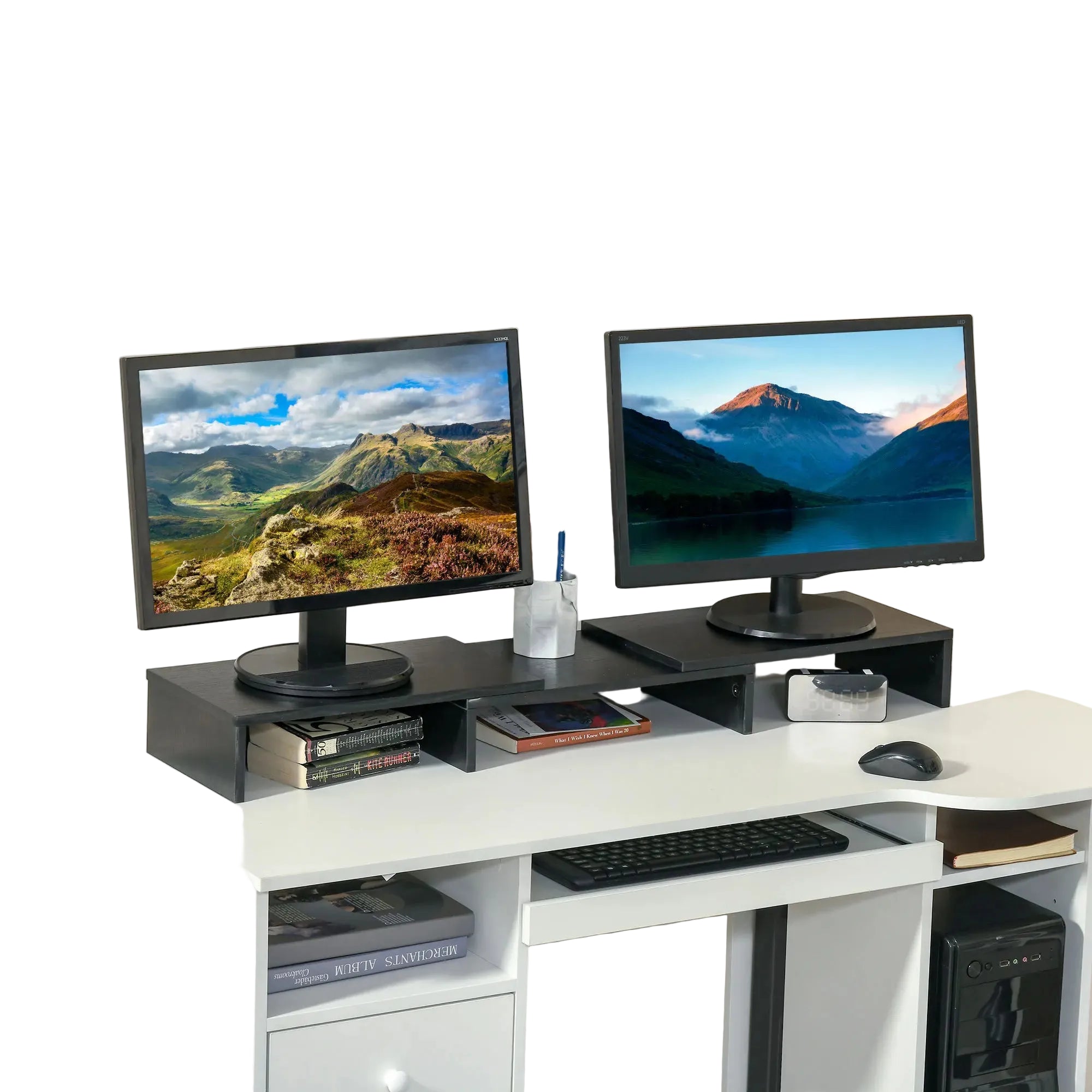 Soporte elevador para 2 monitores ajustable en longitud 80–117 cm con compartimentos – base de escritorio en MDF color negro