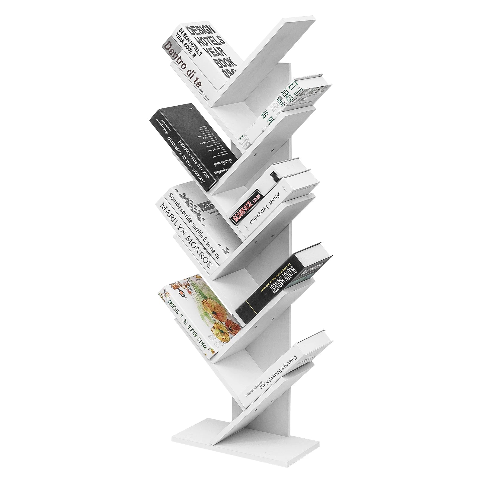 Estantería de almacenamiento de 8 niveles 127 cm en color blanco – organizador vertical para libros, CD y objetos decorativos