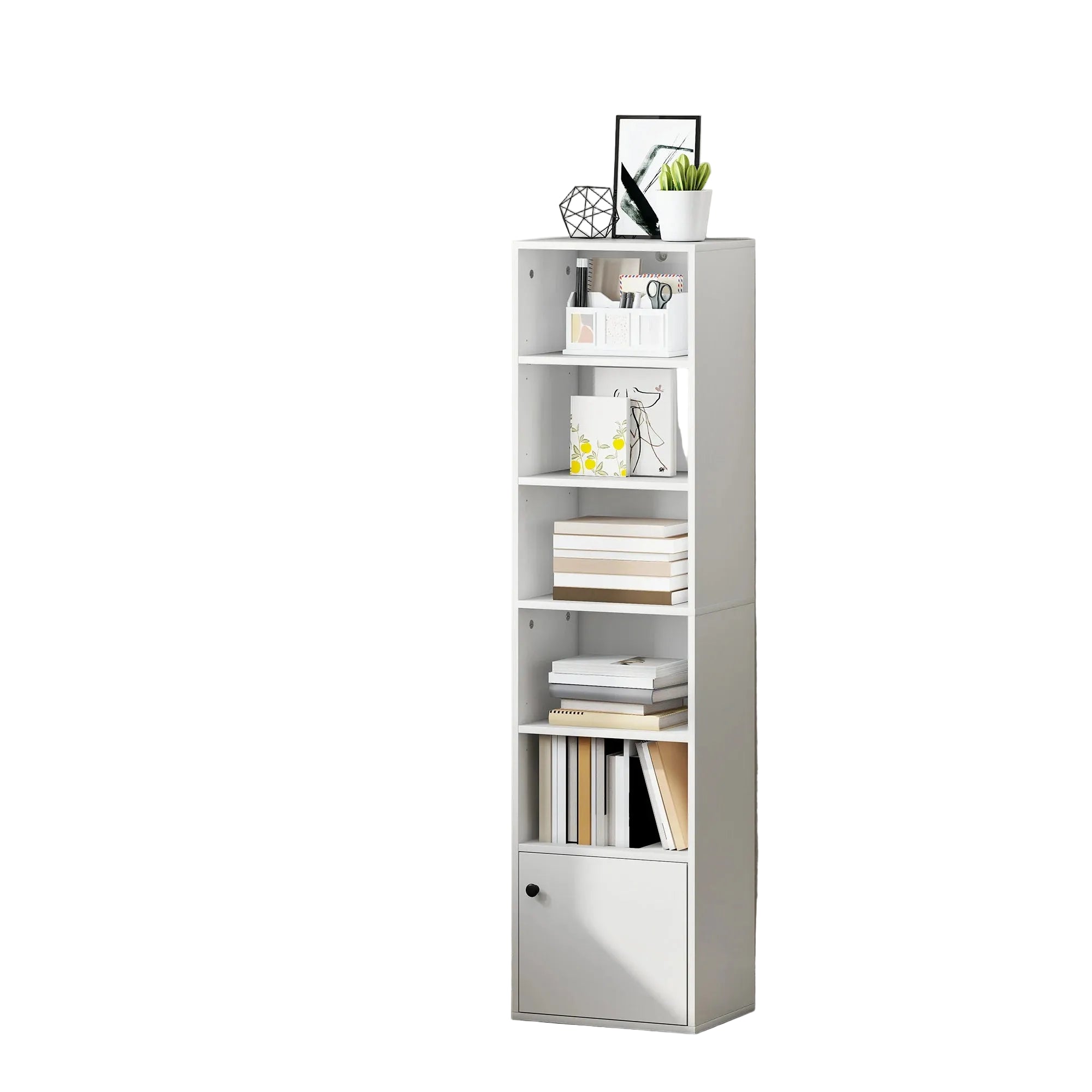 Estantería de libros con 6 niveles y armario inferior, 3 estantes ajustables – unidad de almacenamiento moderna en color blanco