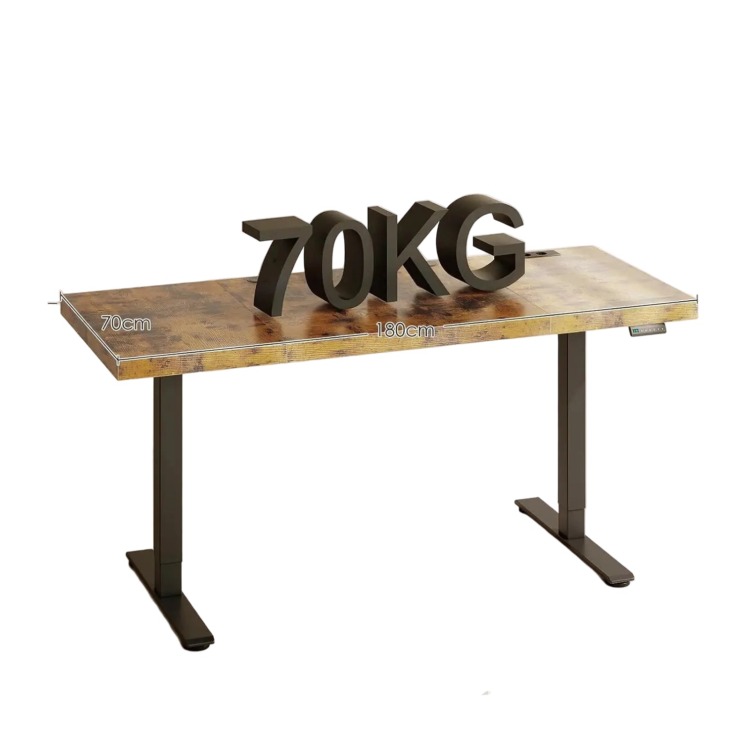 Escritorio eléctrico regulable en altura 180×70 cm con tablero reforzado de 35 mm y enchufe integrado – mesa de oficina color marrón
