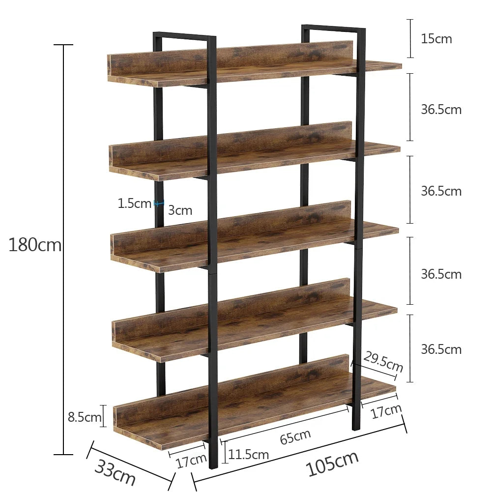 Estantería industrial de 5 niveles 180 cm con estructura de metal y madera – estantería vertical de almacenamiento para sala o oficina