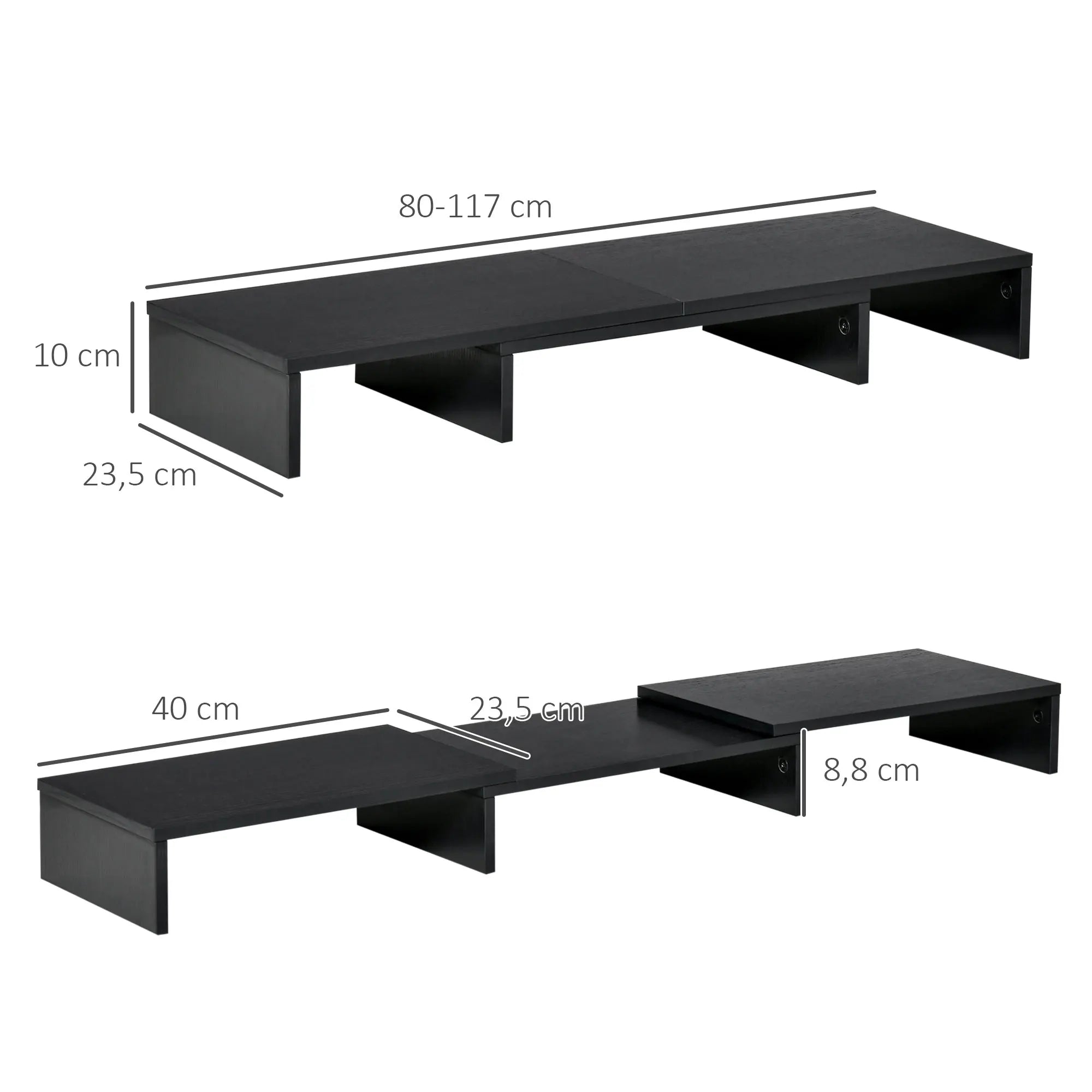 Soporte elevador para 2 monitores ajustable en longitud 80–117 cm con compartimentos – base de escritorio en MDF color negro