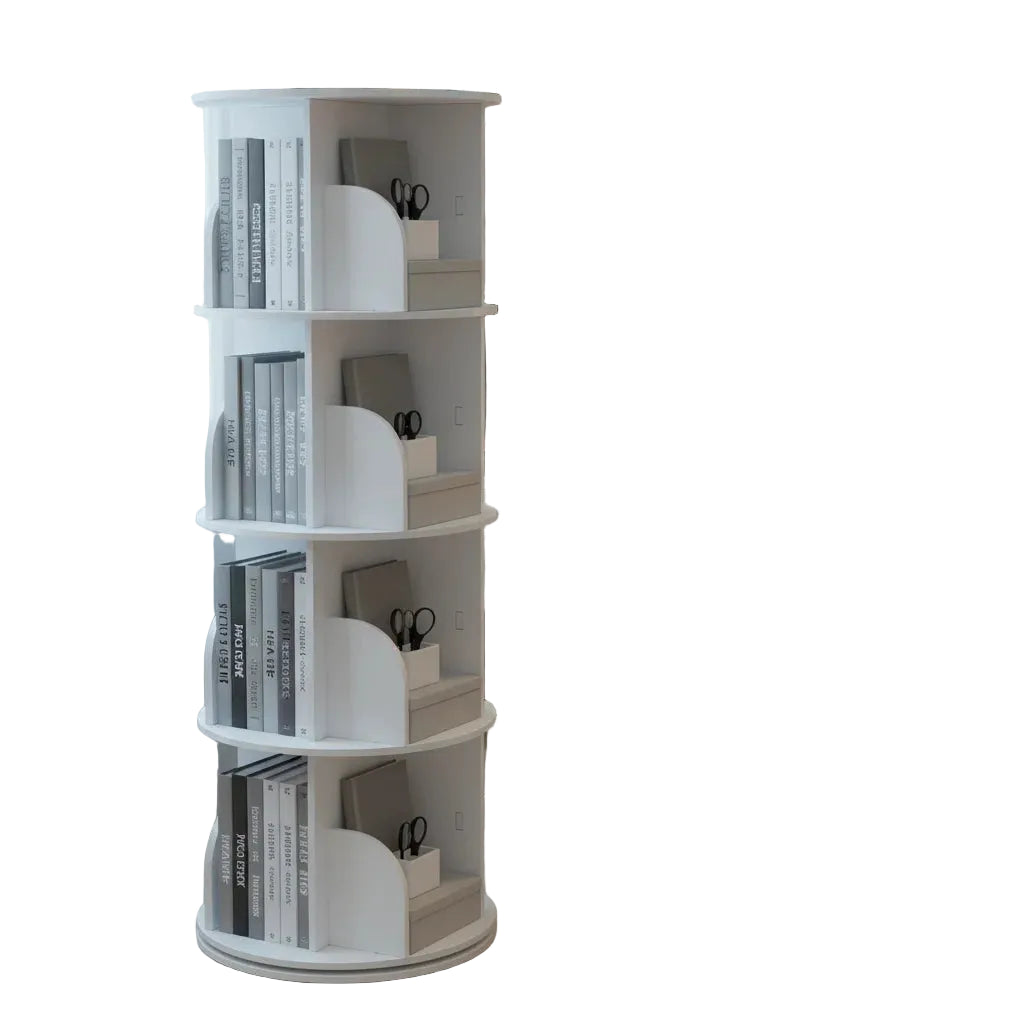 Librería giratoria de 4 niveles 360° en PVC – estantería de almacenamiento para libros estilo nórdico para sala, dormitorio u oficina
