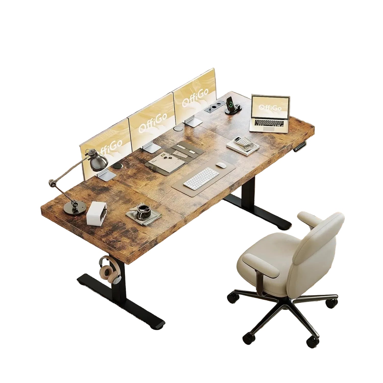 Escritorio eléctrico regulable en altura 180×70 cm con tablero reforzado de 35 mm y enchufe integrado – mesa de oficina color marrón