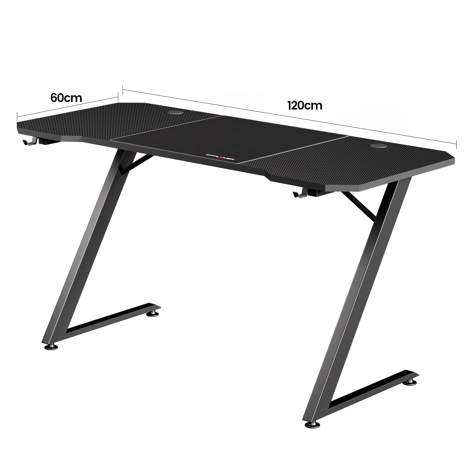 Escritorio gaming 120×60 cm con superficie tipo fibra de carbono, iluminación LED y enchufe integrado – estructura metálica en forma de Z color negro