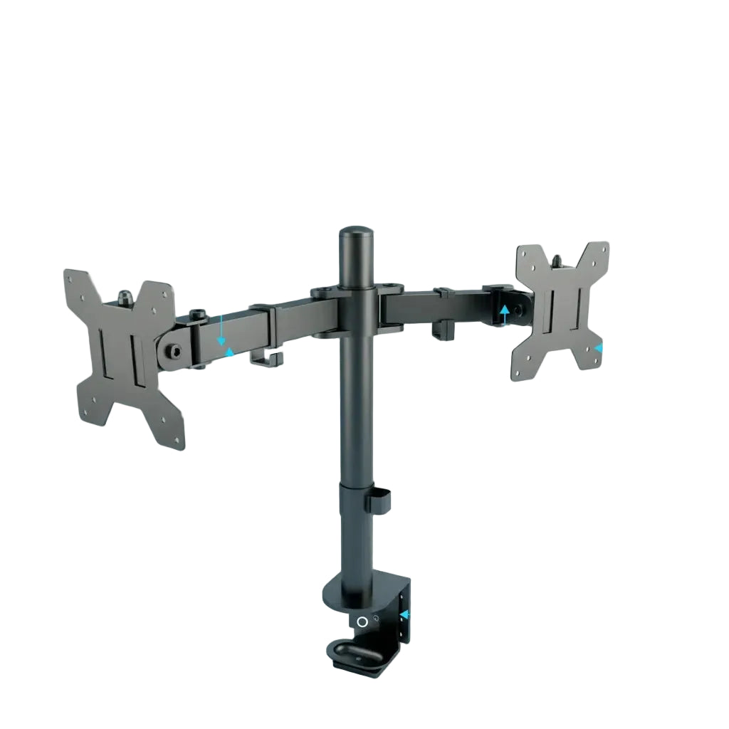 Soporte doble para monitor de 15” a 33” con brazo articulado, rotación 360° y giro lateral 180° – compatibilidad VESA 75/100, capacidad 8 kg por brazo