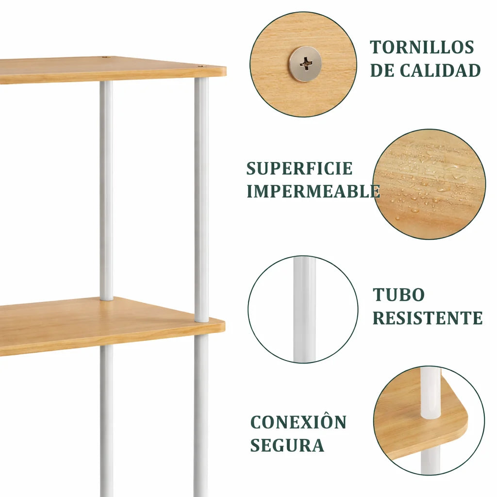 Estantería modular de madera y metal blanca con 4 o 5 baldas ajustables – librería moderna para salón, dormitorio u oficina