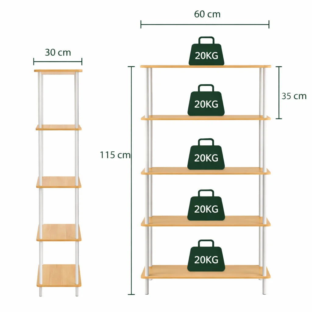 Estantería modular de madera y metal blanca con 4 o 5 baldas ajustables – librería moderna para salón, dormitorio u oficina
