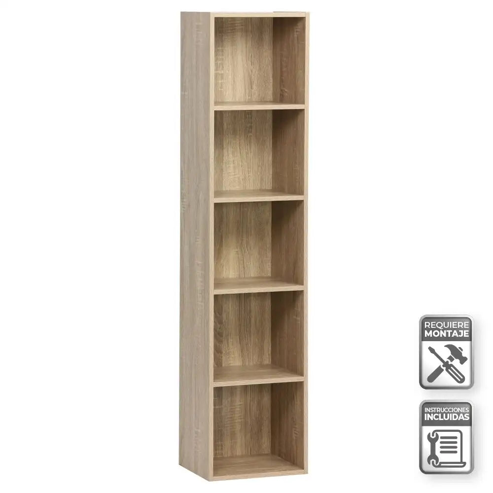 Estantería librería de 5 niveles 132 cm en tablero laminado color natural – unidad de almacenamiento vertical para despacho, dormitorio o despensa