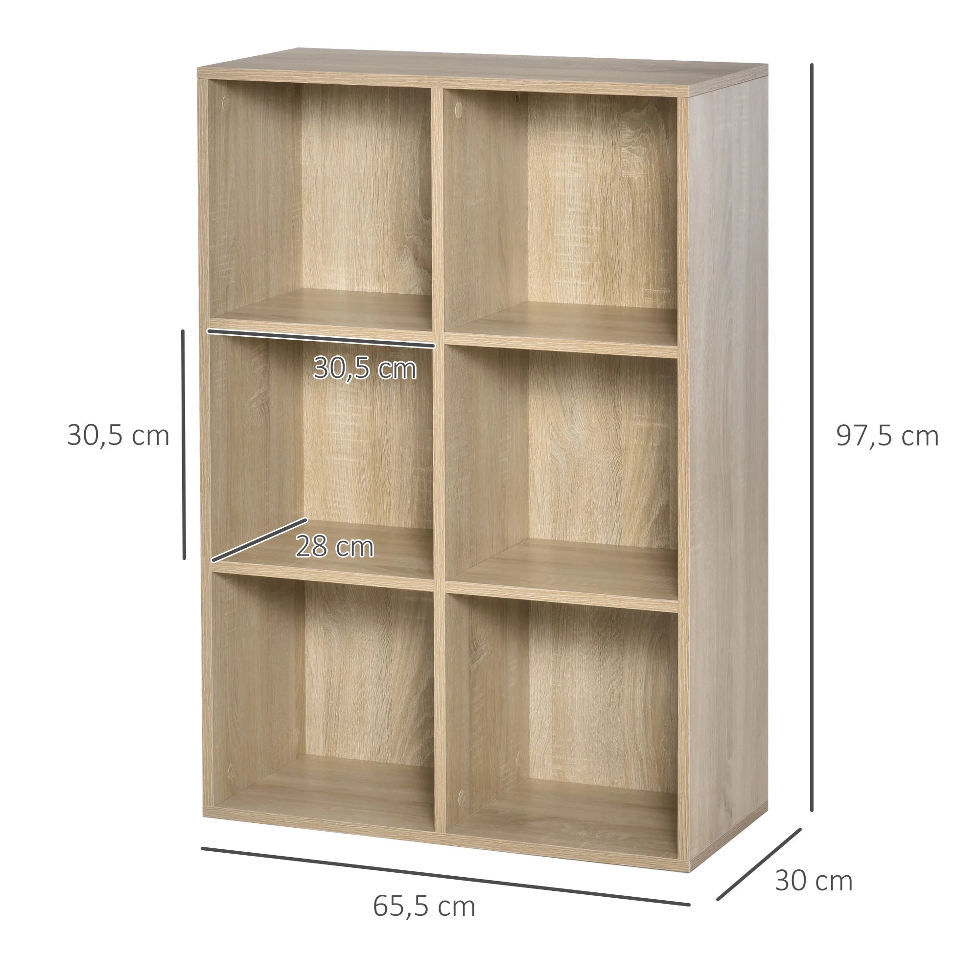 Estantería de libros de 3 niveles con 6 compartimentos 97,5 cm – organizador de almacenamiento para dormitorio u oficina en madera melaminada