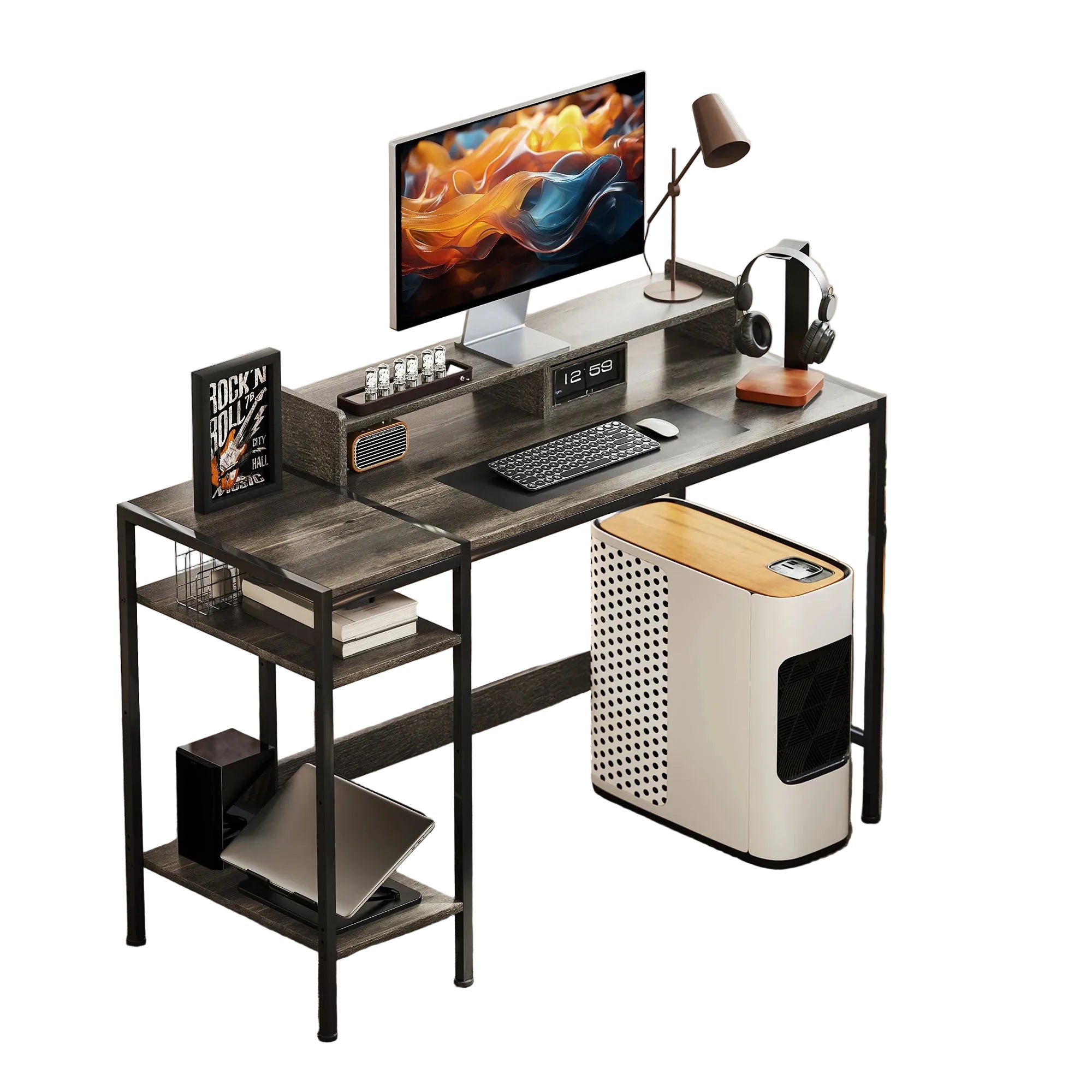 Mesa de escritorio con estantes laterales y soporte para monitor 120 cm – estructura metálica y madera con compartimentos de almacenamiento color gris carbón