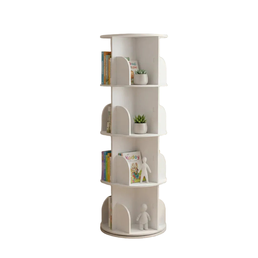 Librería giratoria de 4 niveles 360° en PVC – estantería de almacenamiento para libros estilo nórdico para sala, dormitorio u oficina