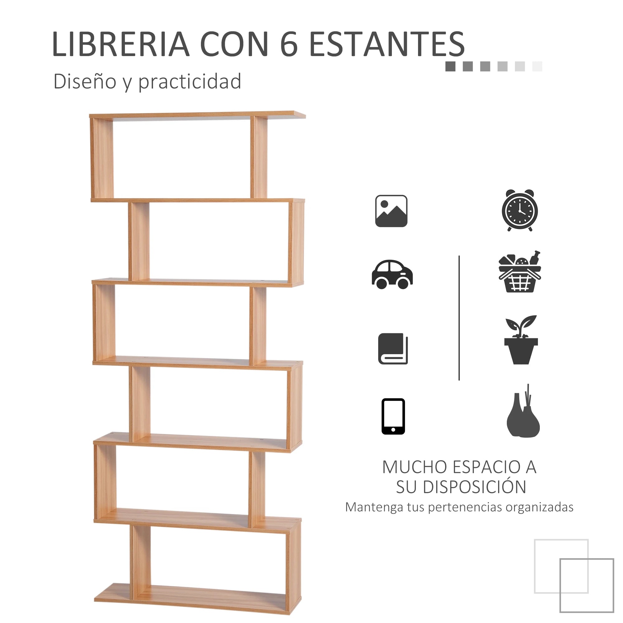 Librería de 6 niveles 192 cm en madera melaminada – estantería vertical moderna para libros y almacenamiento en salón, dormitorio u oficina