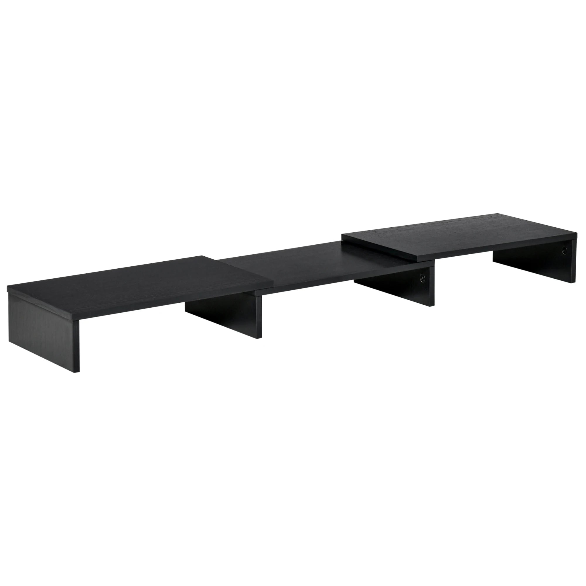 Soporte elevador para 2 monitores ajustable en longitud 80–117 cm con compartimentos – base de escritorio en MDF color negro