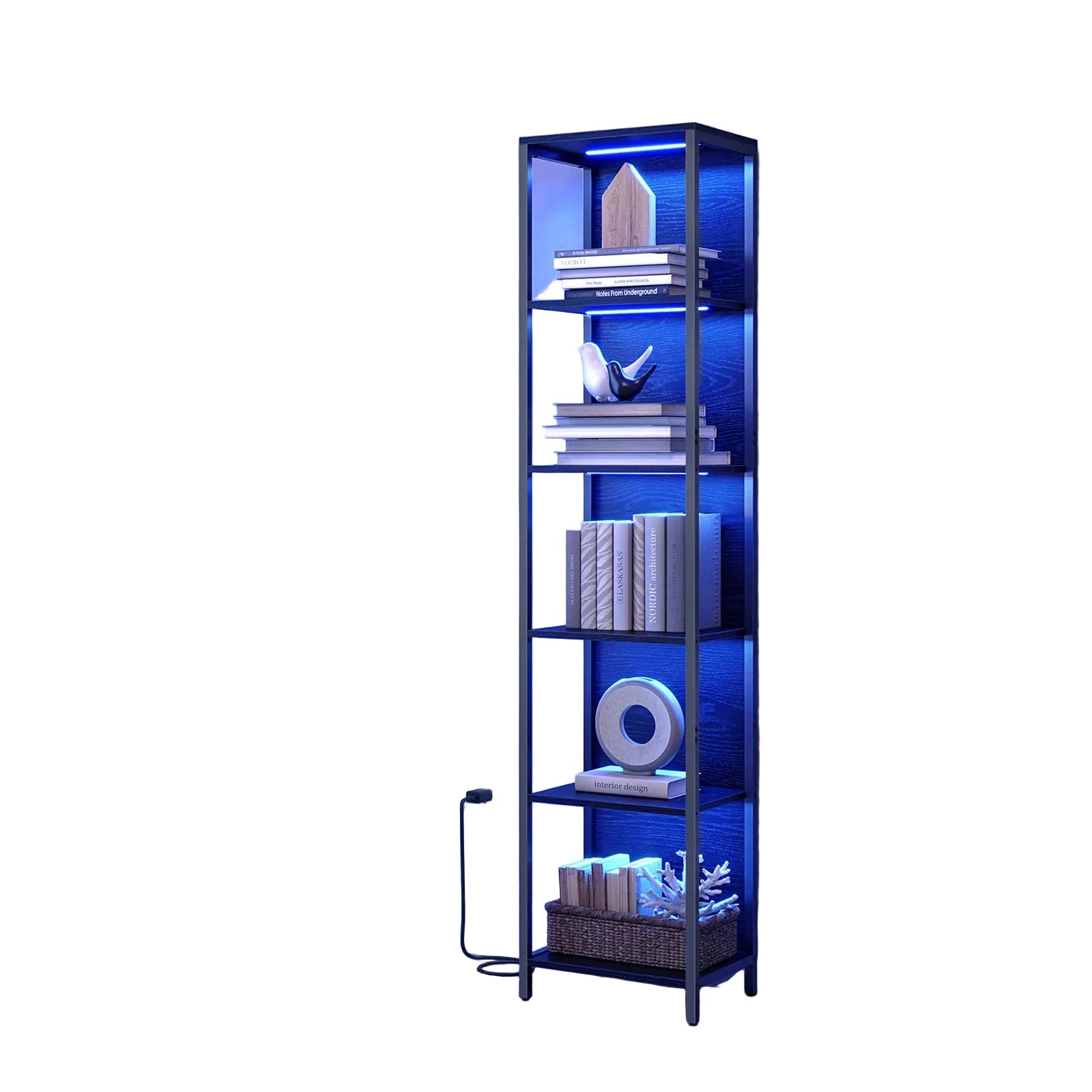 Estantería de 6 niveles con estructura de acero y madera con iluminación LED integrada – librería vertical 178,6 cm color negro ébano